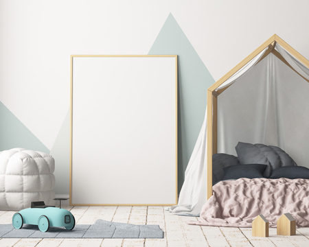 Mock up poster in the children's bedroom with a canopy. Scandinavian style. 3dの写真素材