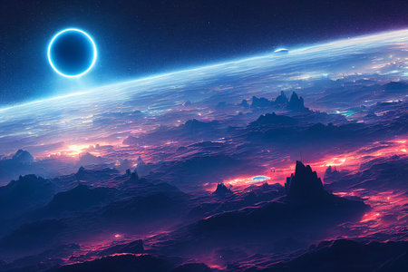The land of dream city in outer space with futurist planets illustration