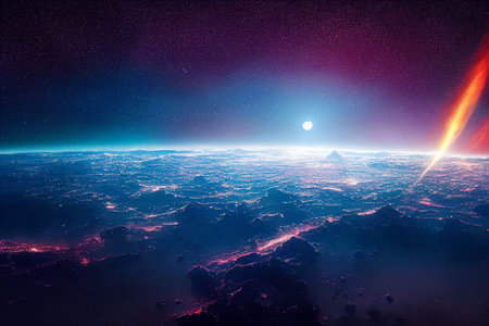 The land of a Dream city in Outer Space with Futuristic Anime Art Style Backgroundの写真素材