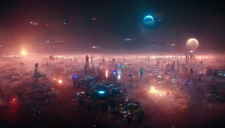 Futuristic city from space in Cyberpunk Style concept art illustration