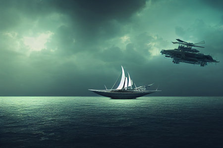 Futuristic Ship in tropical sea Concept Art Background Imageの写真素材