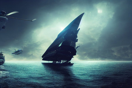 Futuristic Ship in tropical sea Concept Art Background Imageの写真素材