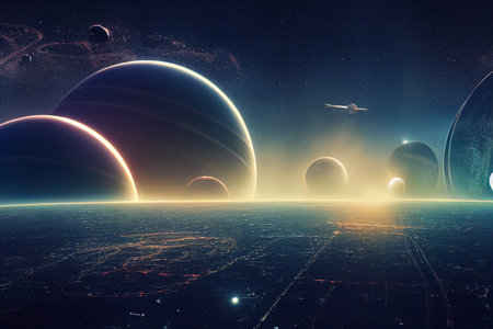 Futuristic City in Outer Space with Futuristic Planets Concept Artの写真素材