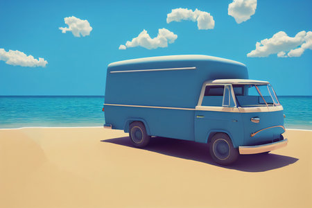Ready for Summer Travel Blue Van with Deck and Chair Background Imageの写真素材