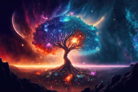 Key visual of colorful tree of life in front of a galaxyの写真素材