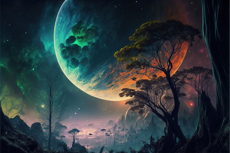 The planet is covered in lush, vibrant forests and towering mountains. the sky filled with strange,...