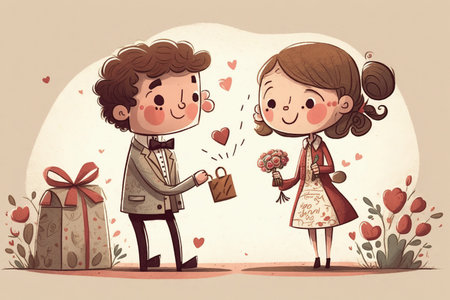 Valentine's day greeting card with cute couple. Vector illustration.の写真素材