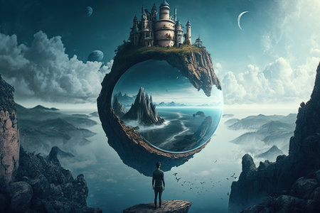 Conceptual image of little planet floating in sky. Mixed mediaの写真素材