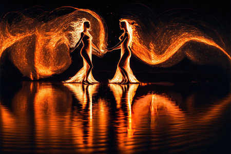 Two young women dancing at night in the water. Abstract background.の写真素材