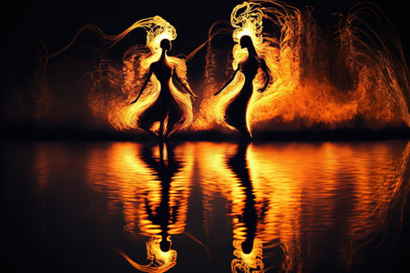 Two beautiful women dancing on the water with fire flames and reflection.