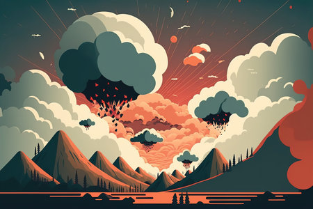 Cartoon landscape with explosion and cloud. Vector illustration in retro styleの写真素材