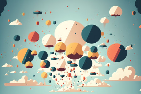 Abstract background with colorful balloons and clouds in retro style. Vector illustration.