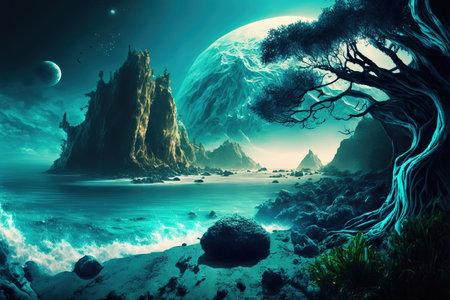 Fantasy landscape with old tree, moon and sea. 3d renderの写真素材