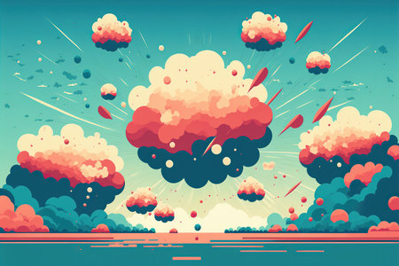Vector cartoon illustration of a big explosion in the sky with clouds.