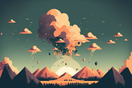 Vector illustration of a mountain landscape with a huge explosion in the sky