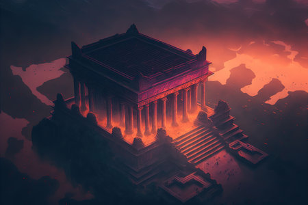 Temple in the fog on the background of the map of Europeの写真素材
