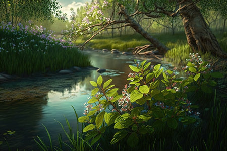 beautiful spring landscape with a small river and a blossoming tree