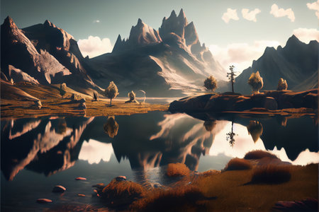 Fantasy landscape with lake and mountains. 3d render illustration.