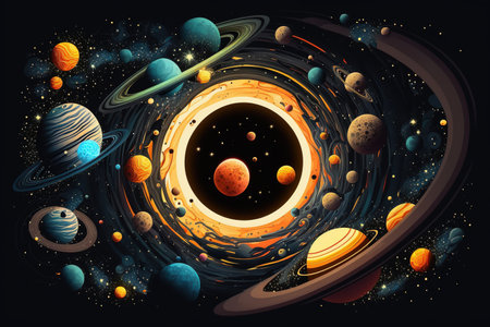 Planets in space with sun, stars, planets and galaxy illustration