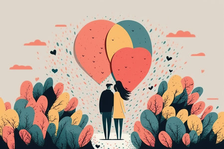 Romantic couple in love with heart shaped balloons. Vector illustration.