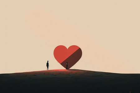 Silhouette of a man standing on the top of the dune and looking at the heartの写真素材