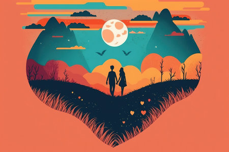 Romantic couple in love on the meadow at night. Vector illustration.
