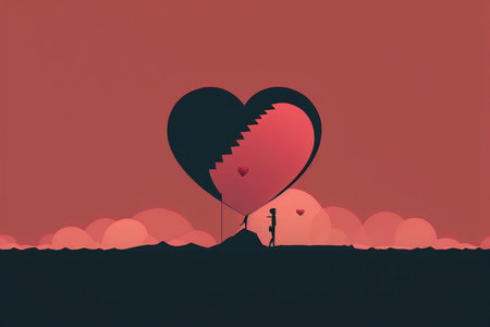 Silhouette of a man holding a heart shaped balloon on a red backgroundの写真素材
