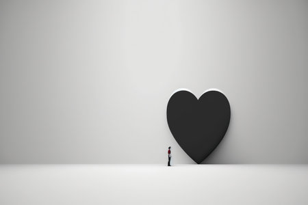 Man standing in front of a big black heart on a white wallの写真素材