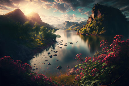 Fantasy landscape. Mountain lake and meadow with pink flowers.の写真素材