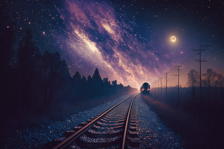 railway in the night sky with stars and milky way.