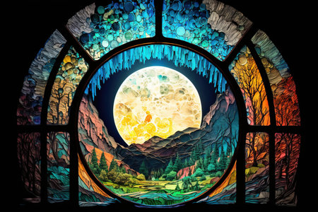 Stained-glass window with a view of the mountains and the moon.の写真素材