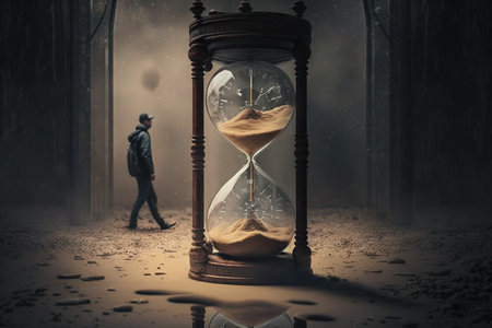 Concept of time passing through an hourglass. A man in a dark room with sandglass.
