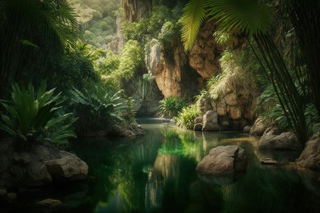 Beautiful green pond with rocks and palm trees in the jungle.の写真素材