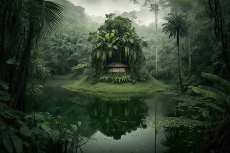 Beautiful green garden in the rainforest with a small pavilionの写真素材