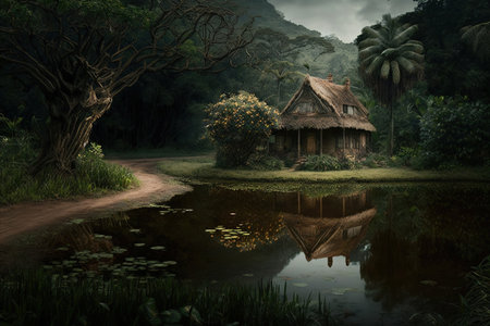 3D render of a wooden house in the jungle with a pondの写真素材