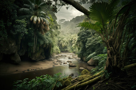 Tropical rainforest with river and rock in the jungle.