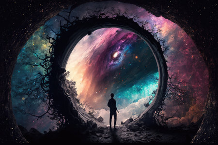 Woman standing in a tunnel and looking to the universe. 3D rendering