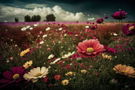 Cosmos flower in the field with dramatic sky background - vintage filterの写真素材