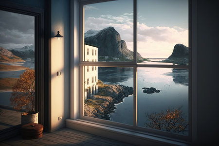Lofoten islands in Norway seen through the window. 3d renderingの写真素材