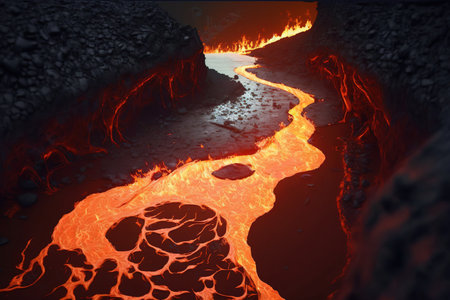 Lava flow in the crater of volcano. 3D illustration.の写真素材