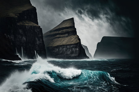 Fantasy landscape with fog and stormy sea. 3D renderingの写真素材