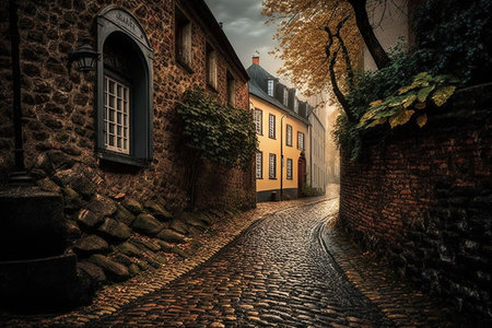 Old cobblestone street in the old town of Tallinn, Estoniaの写真素材