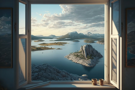 View from the window of the lake, mountains and sky. 3d renderingの写真素材