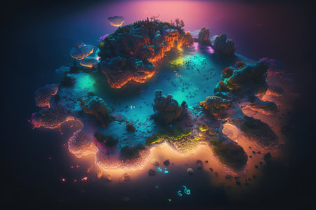 3D illustration of the island in the sea. Underwater world.
