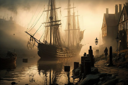 Foggy cityscape of old town with ships at sunset.の写真素材