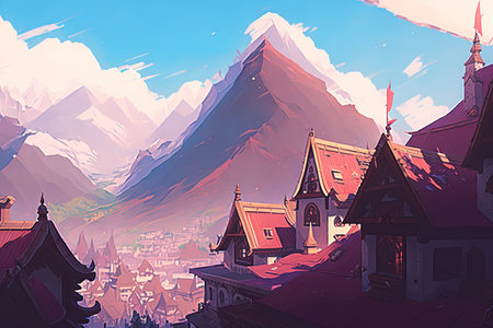 Landscape of the old town in the mountains. Vector illustration.