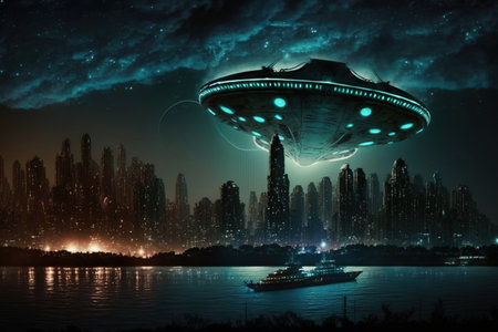 UFO flying in the night sky above the city. Mixed media