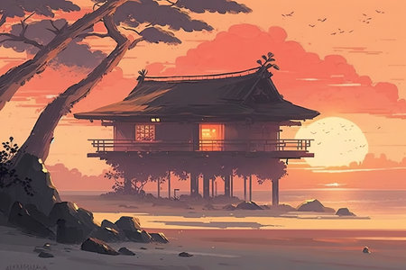 Illustration of a japanese temple on the beach at sunsetの写真素材