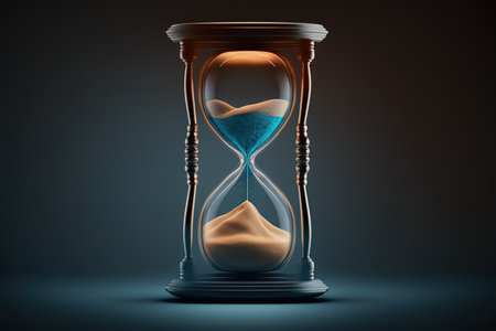 Hourglass with blue sand inside, 3d render illustration on dark background