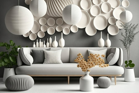 Interior of modern living room with white sofa 3D Illustration
